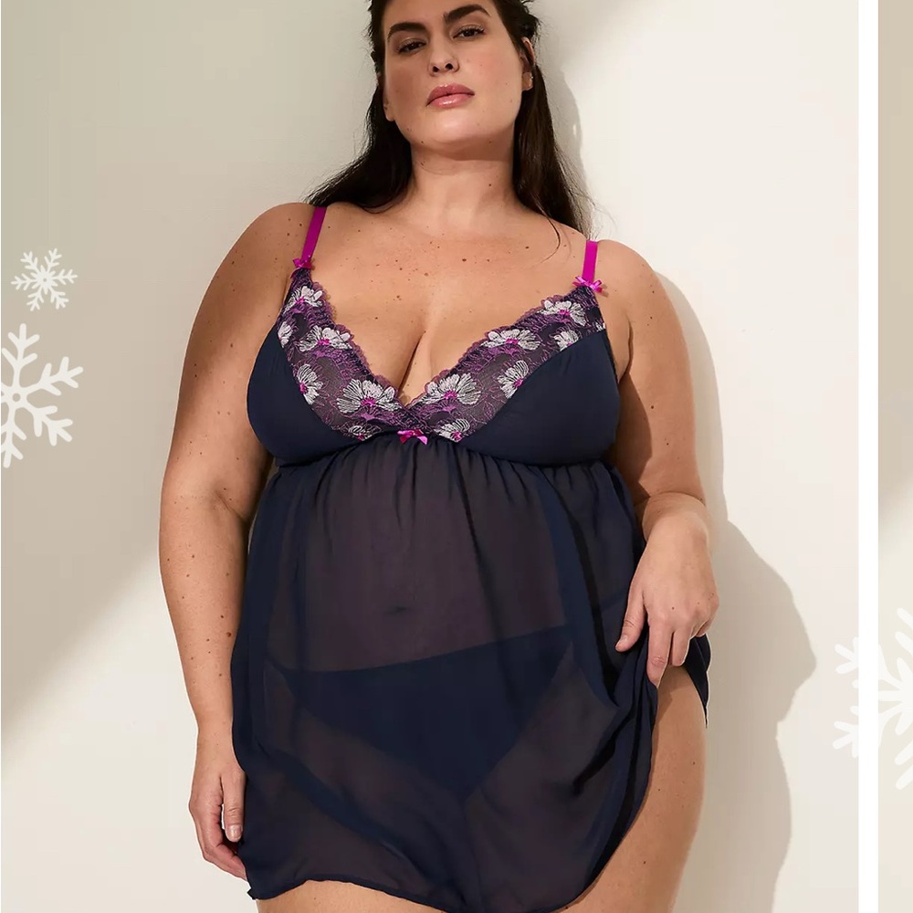 NWT Cacique Elegant Navy and Pink sheer Babydoll set